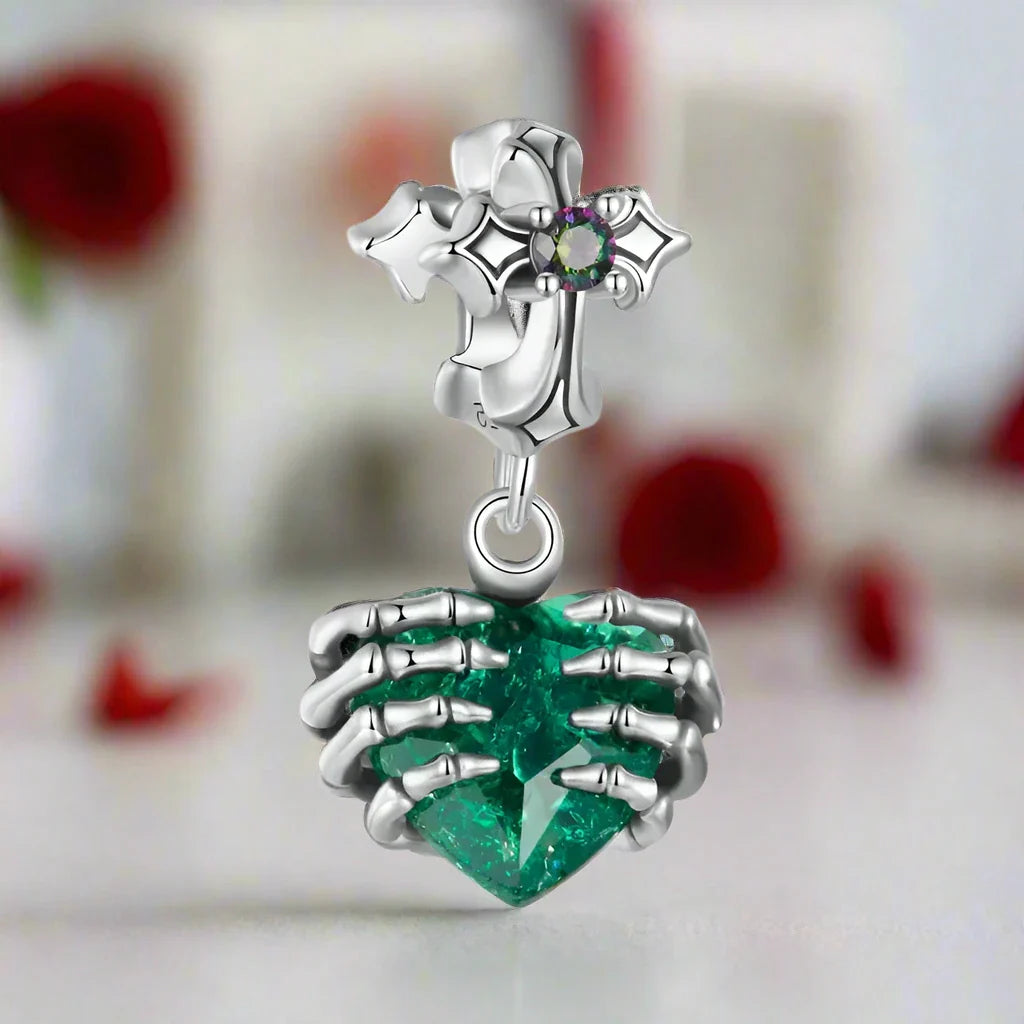 Cross and Skeleton Green Stone Gothic Charm