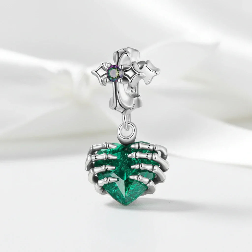 Cross and Skeleton Green Stone Gothic Charm