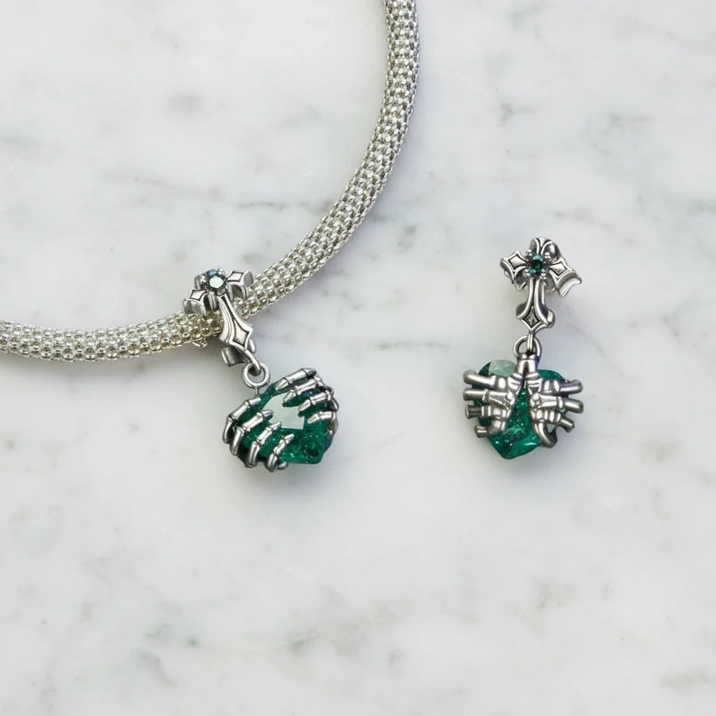 Cross and Skeleton Green Stone Gothic Charm