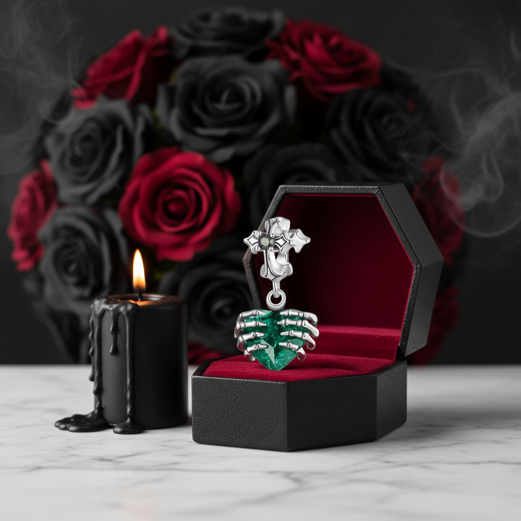 Cross and Skeleton Green Stone Gothic Charm