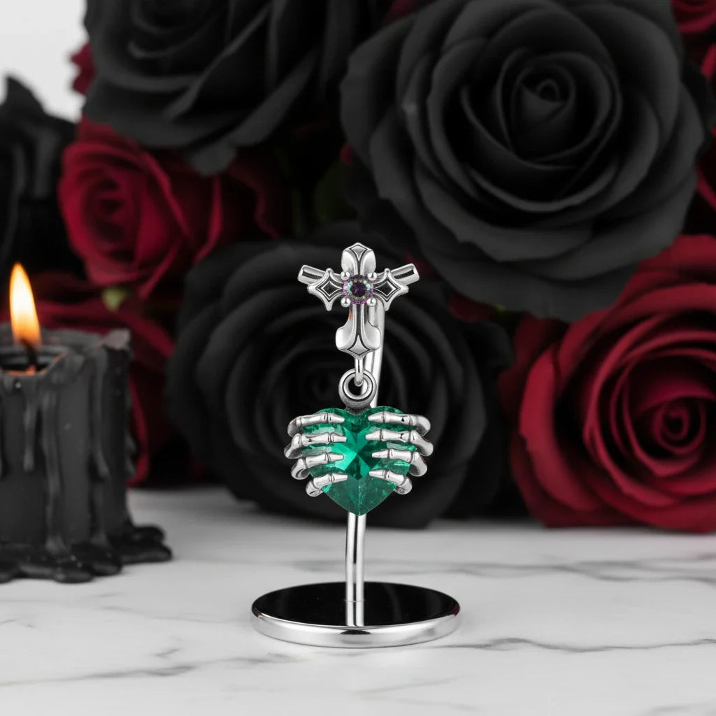Cross and Skeleton Green Stone Gothic Charm