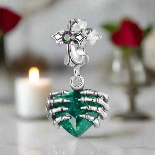 Cross and Skeleton Green Stone Gothic Charm
