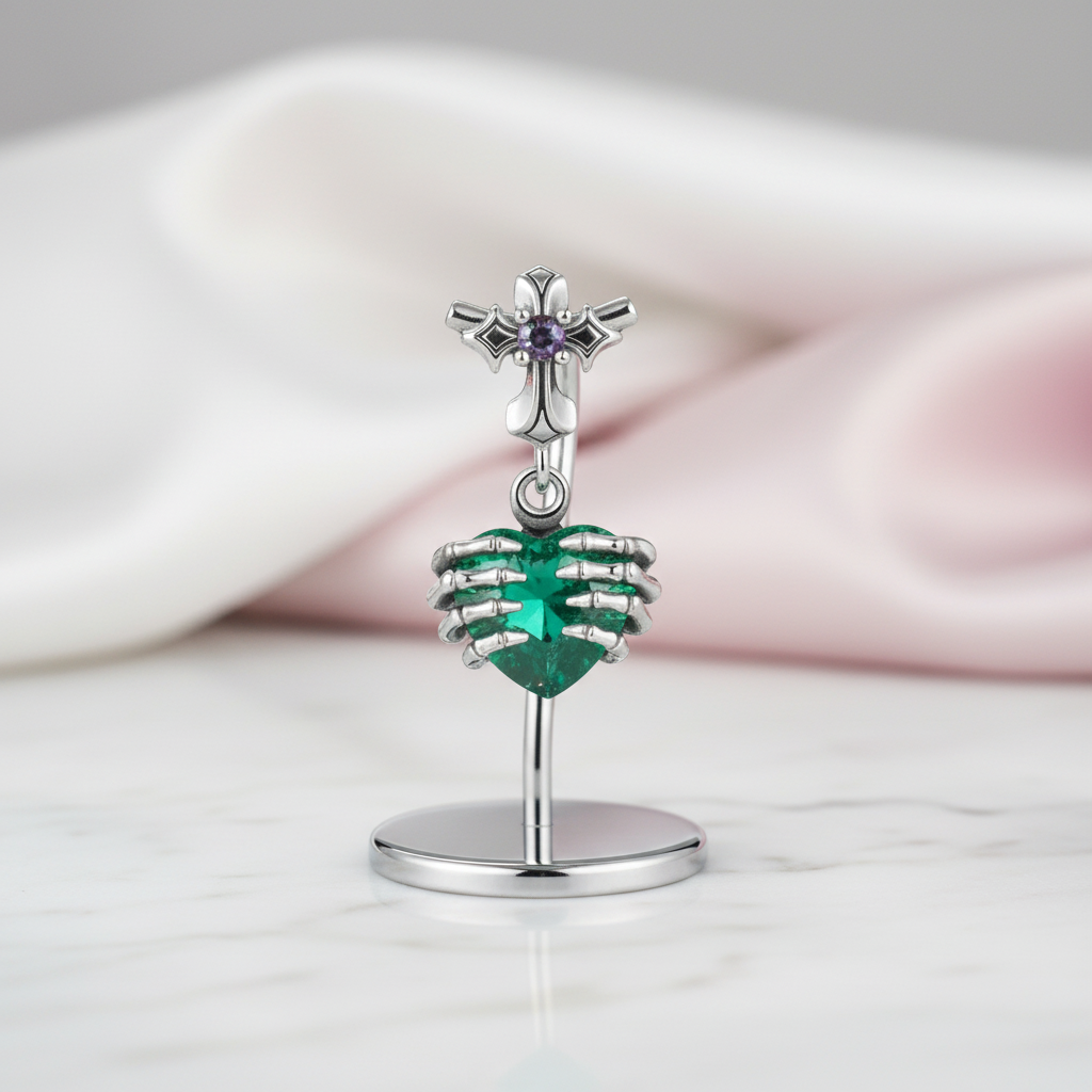 Cross and Skeleton Green Stone Gothic Charm
