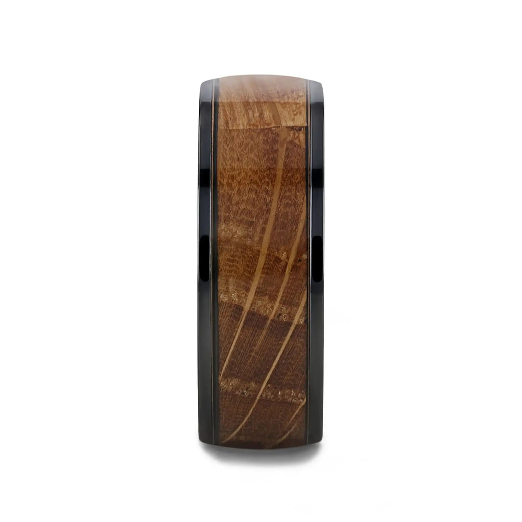 SCOTCH Black Ceramic Ring with Whiskey Barrel Wood Inlay- 8mm