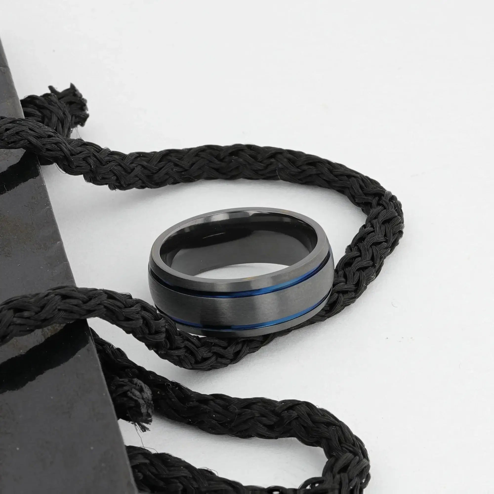 SHERIFF Domed Black Titanium Brushed Finish Men’s Wedding Ring with Blue Grooves – 8mm