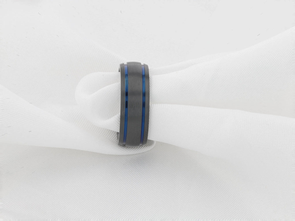 SHERIFF Domed Black Titanium Brushed Finish Men’s Wedding Ring with Blue Grooves – 8mm