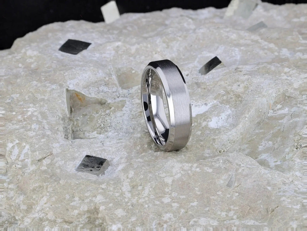 SHIRE Titanium Men’s Flat Wedding Ring, Brushed Center with Polished Beveled Edges — 6mm & 8mm