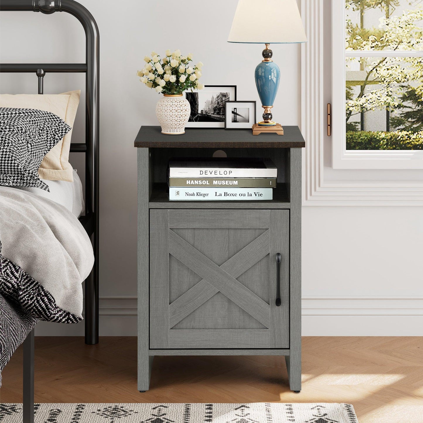 Furniture of America Farmhouse Grey 16-inch Side Table with Barn Door and Open Shelf