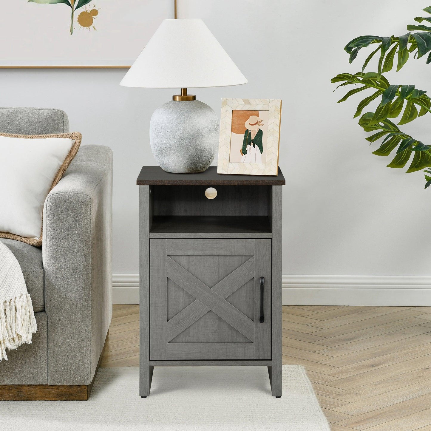Furniture of America Farmhouse Grey 16-inch Side Table with Barn Door and Open Shelf
