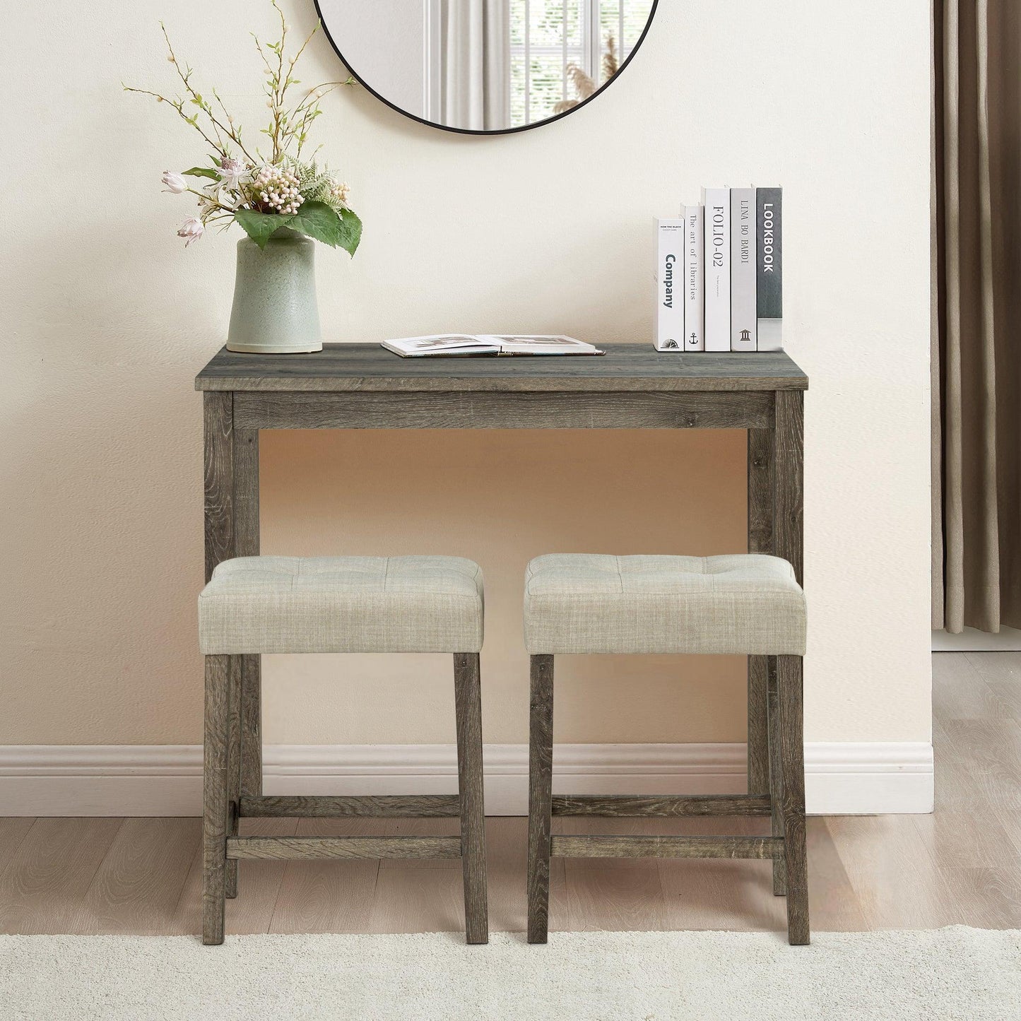 1 Traditional Breakfast Dining Table Set with 2 Stools for Apartment