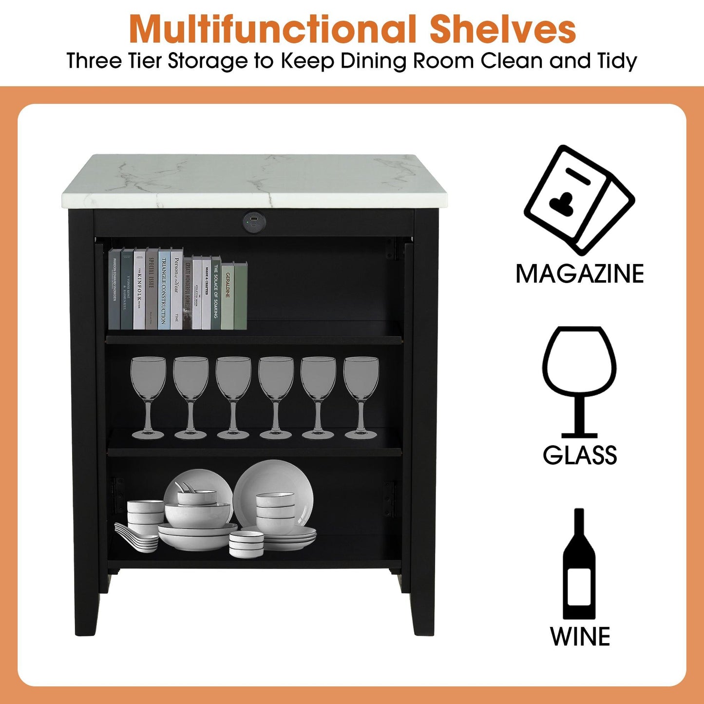 36" Modern Dining Table Set with 2 Stool, High Gloss Table Top, USB-A & USB-C Charging Ports