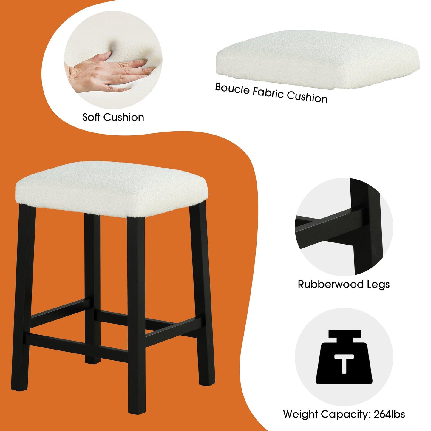 36" Modern Dining Table Set with 2 Stool, High Gloss Table Top, USB-A & USB-C Charging Ports