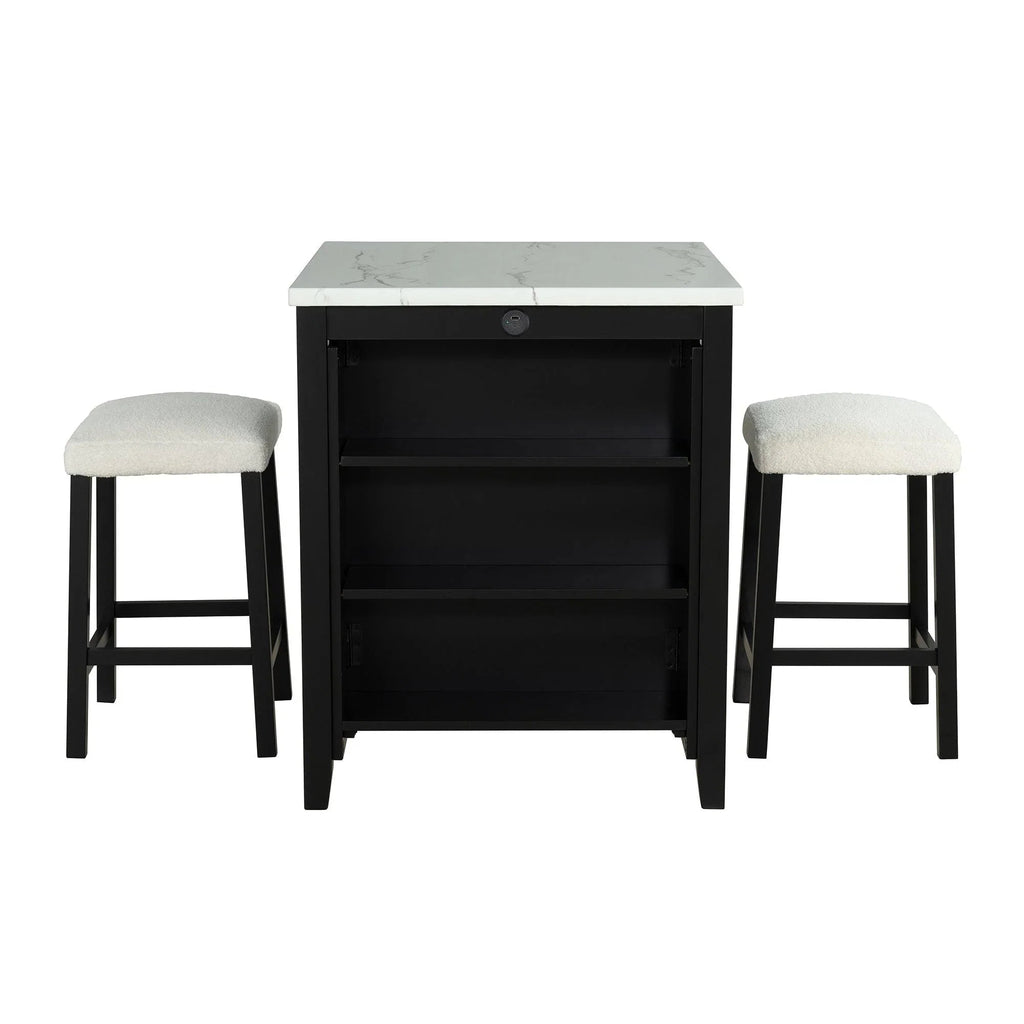 36" Modern Dining Table Set with 2 Stool, High Gloss Table Top, USB-A & USB-C Charging Ports