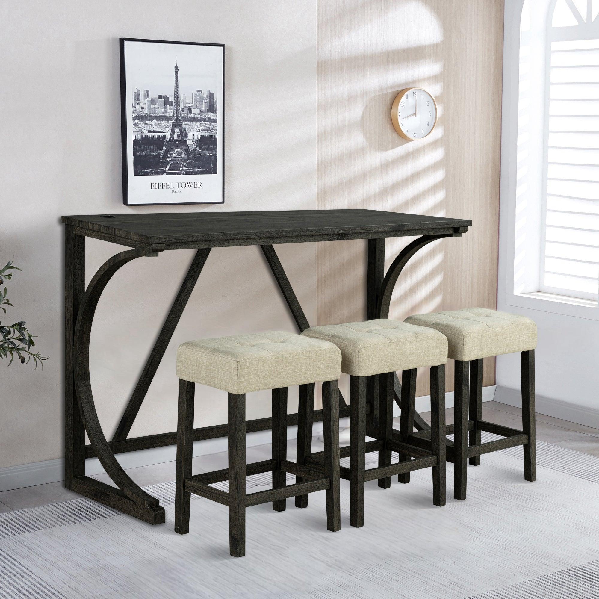 59" Rustic Dining&Bar Table Set with 3 Stools for Apartment, USB-A & USB-C Charging Ports