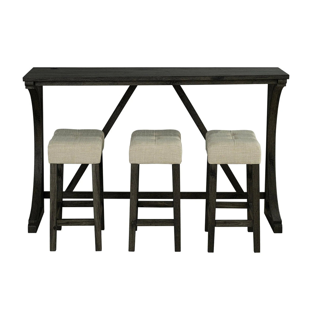 59" Rustic Dining&Bar Table Set with 3 Stools for Apartment, USB-A & USB-C Charging Ports