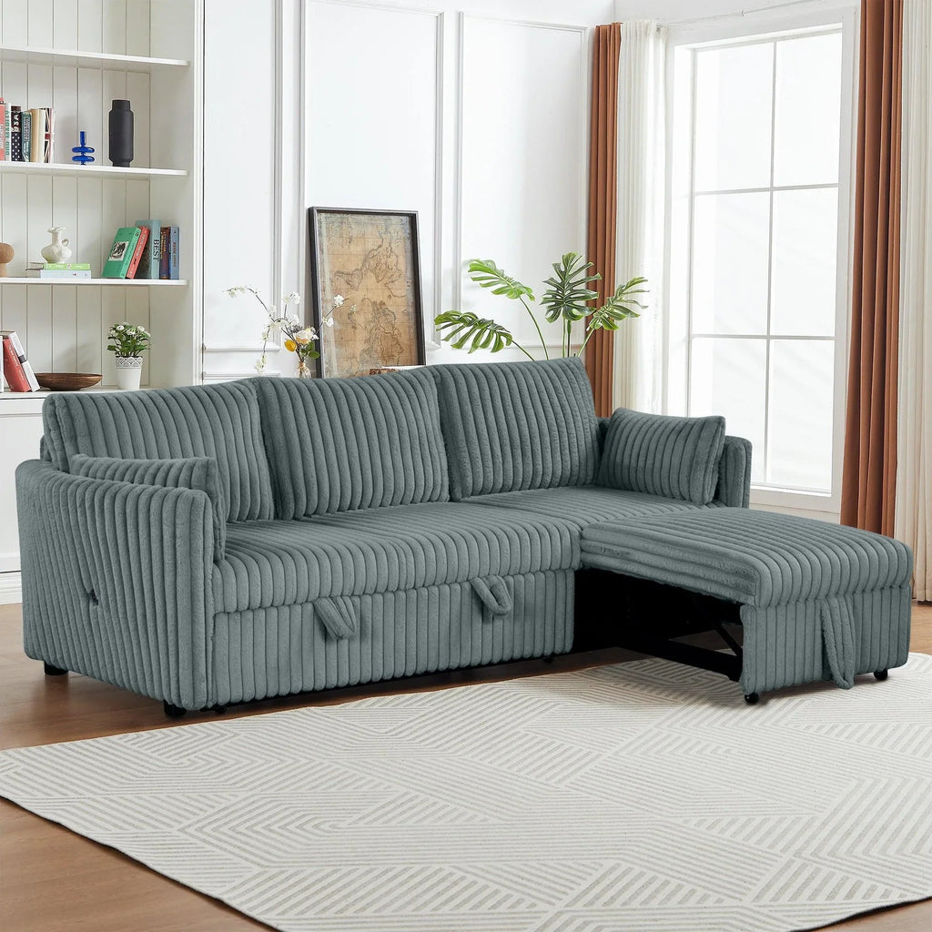 Dark Gray Faux Fur Oversized Convertible Sleeper Sectional Sofa Couch Daybed and Chair Pull Out with 2 Pillows, USB Charging Ports for Living Room