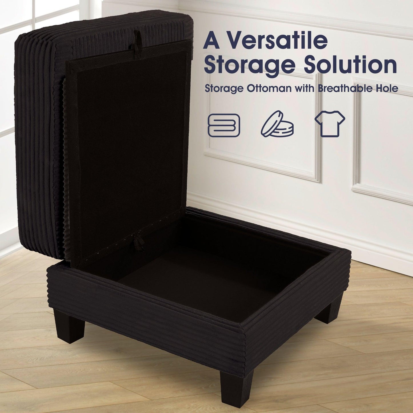 Black 3 Piece Set Comfy Sofa Couch 3-Seater & Loveseat Sofa with Storage Ottoman for Living Room with USB, Side Pockets, Pillows included