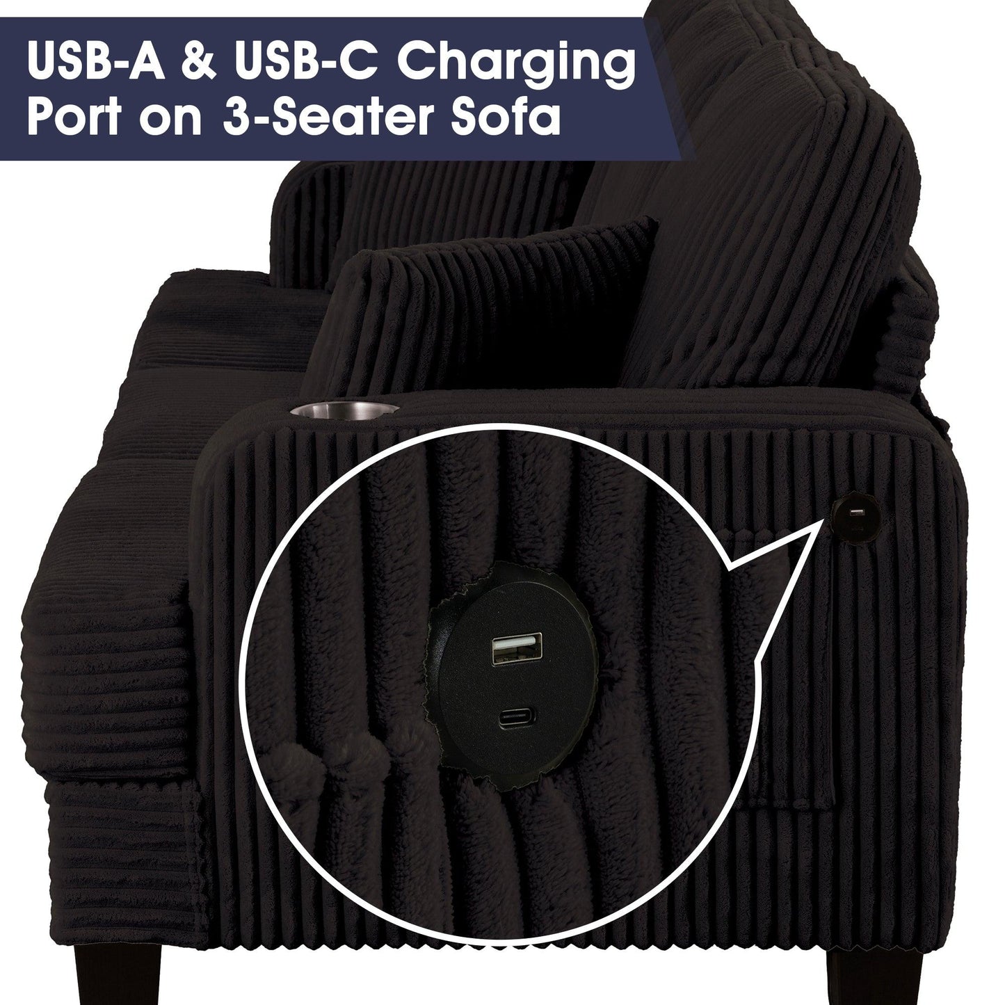 Black 3 Piece Set Comfy Sofa Couch 3-Seater & Loveseat Sofa with Storage Ottoman for Living Room with USB, Side Pockets, Pillows included