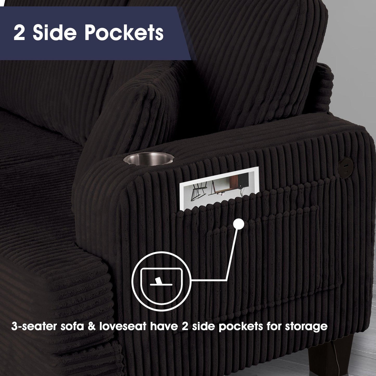 Black 3 Piece Set Comfy Sofa Couch 3-Seater & Loveseat Sofa with Storage Ottoman for Living Room with USB, Side Pockets, Pillows included