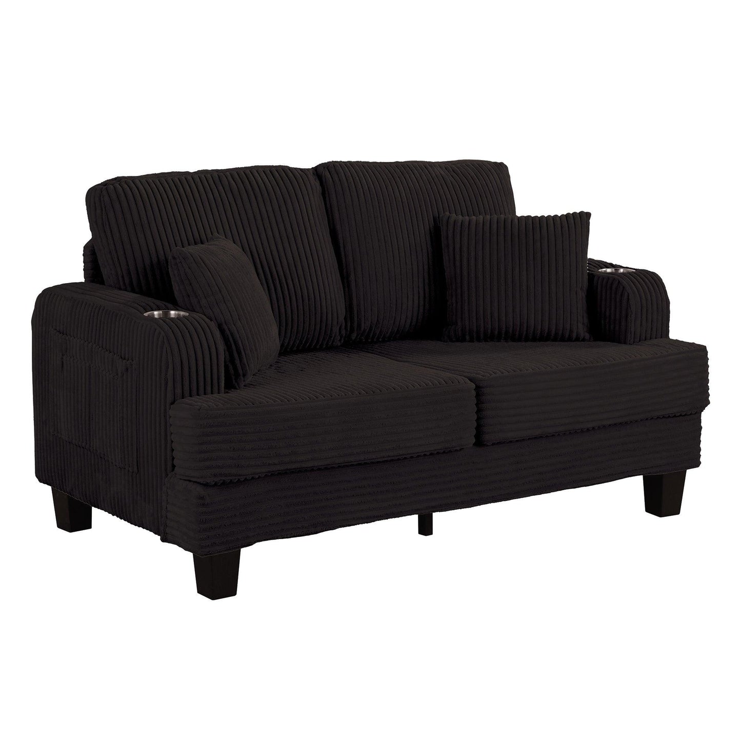 Black 3 Piece Set Comfy Sofa Couch 3-Seater & Loveseat Sofa with Storage Ottoman for Living Room with USB, Side Pockets, Pillows included