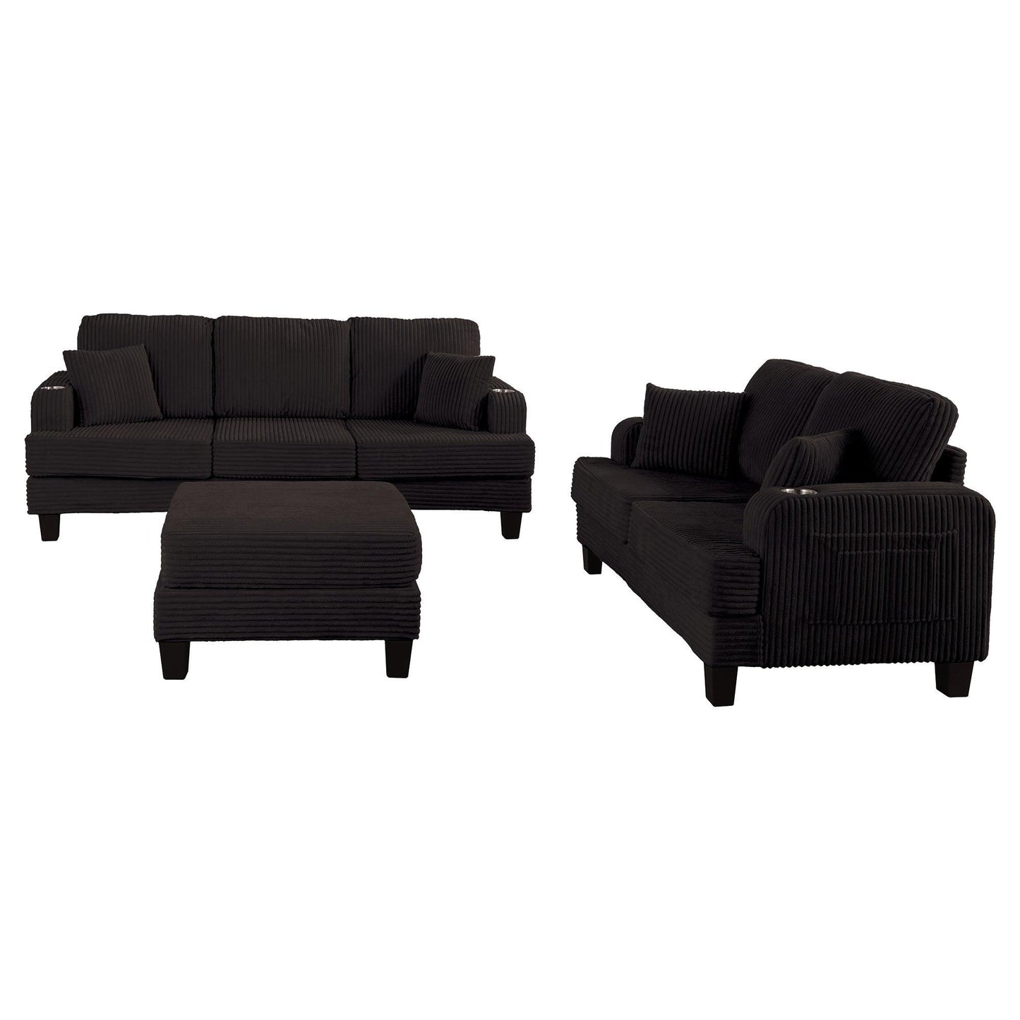 Black 3 Piece Set Comfy Sofa Couch 3-Seater & Loveseat Sofa with Storage Ottoman for Living Room with USB, Side Pockets, Pillows included