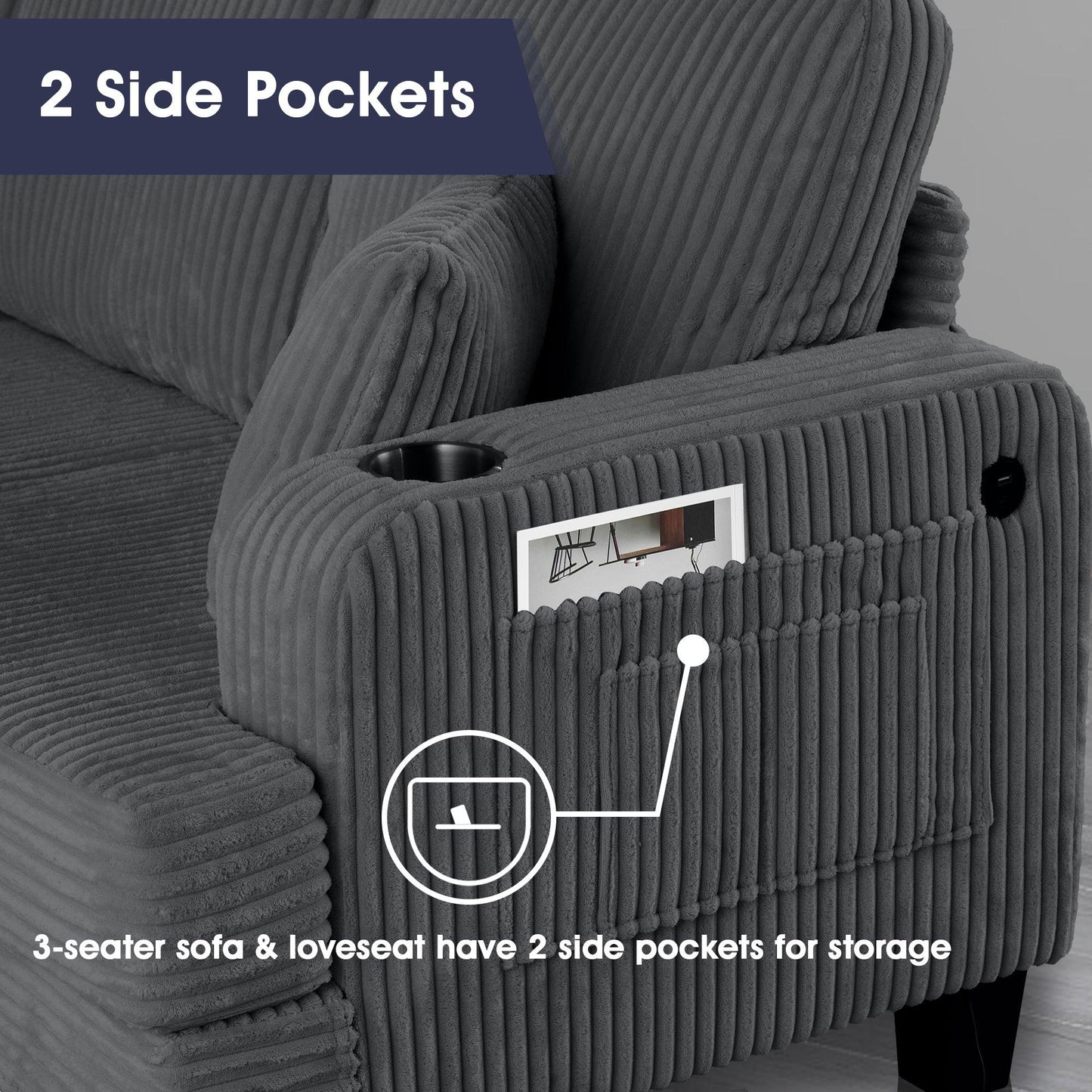 Dark Gray 3 Piece Set Comfy Sofa Couch 3-Seater & Loveseat Sofa with Storage Ottoman for Living Room with USB, Side Pockets, Pillows included