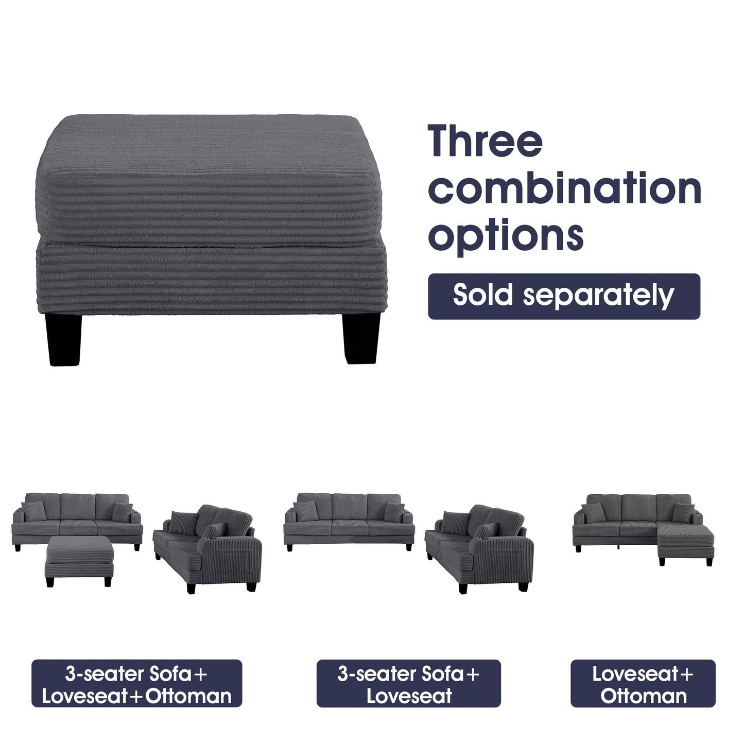 Dark Gray 3 Piece Set Comfy Sofa Couch 3-Seater & Loveseat Sofa with Storage Ottoman for Living Room with USB, Side Pockets, Pillows included