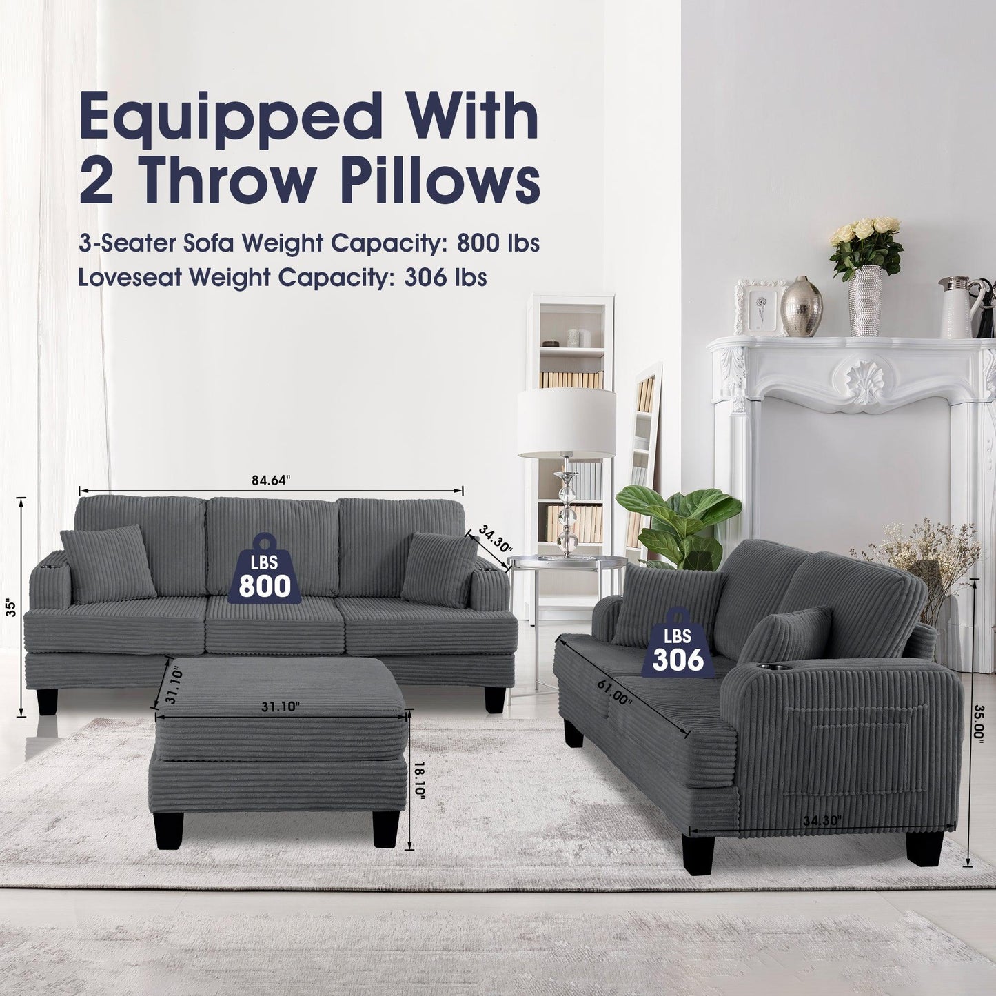 Dark Gray 3 Piece Set Comfy Sofa Couch 3-Seater & Loveseat Sofa with Storage Ottoman for Living Room with USB, Side Pockets, Pillows included