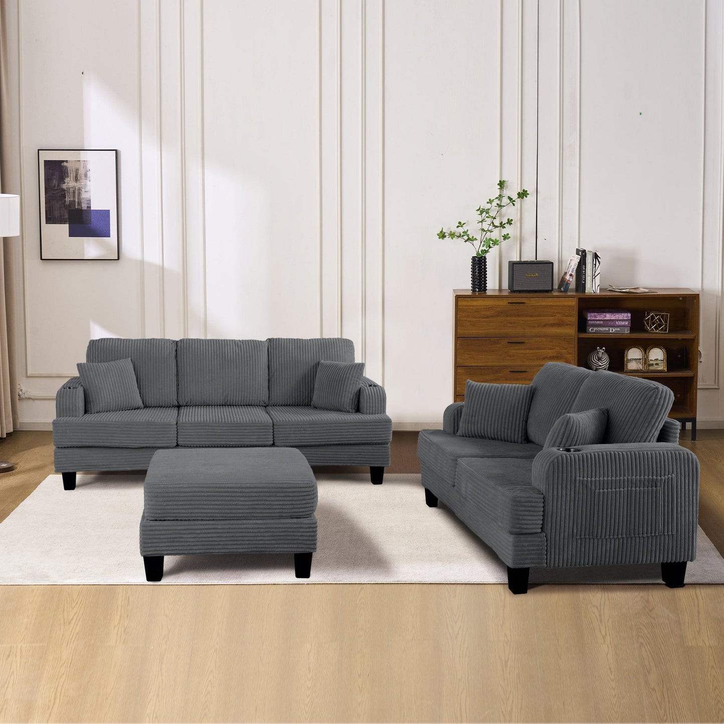 Dark Gray 3 Piece Set Comfy Sofa Couch 3-Seater & Loveseat Sofa with Storage Ottoman for Living Room with USB, Side Pockets, Pillows included