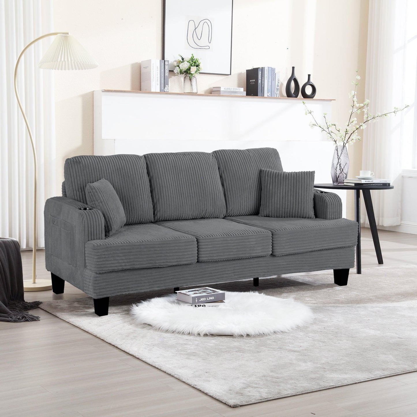 Dark Gray 3 Piece Set Comfy Sofa Couch 3-Seater & Loveseat Sofa with Storage Ottoman for Living Room with USB, Side Pockets, Pillows included
