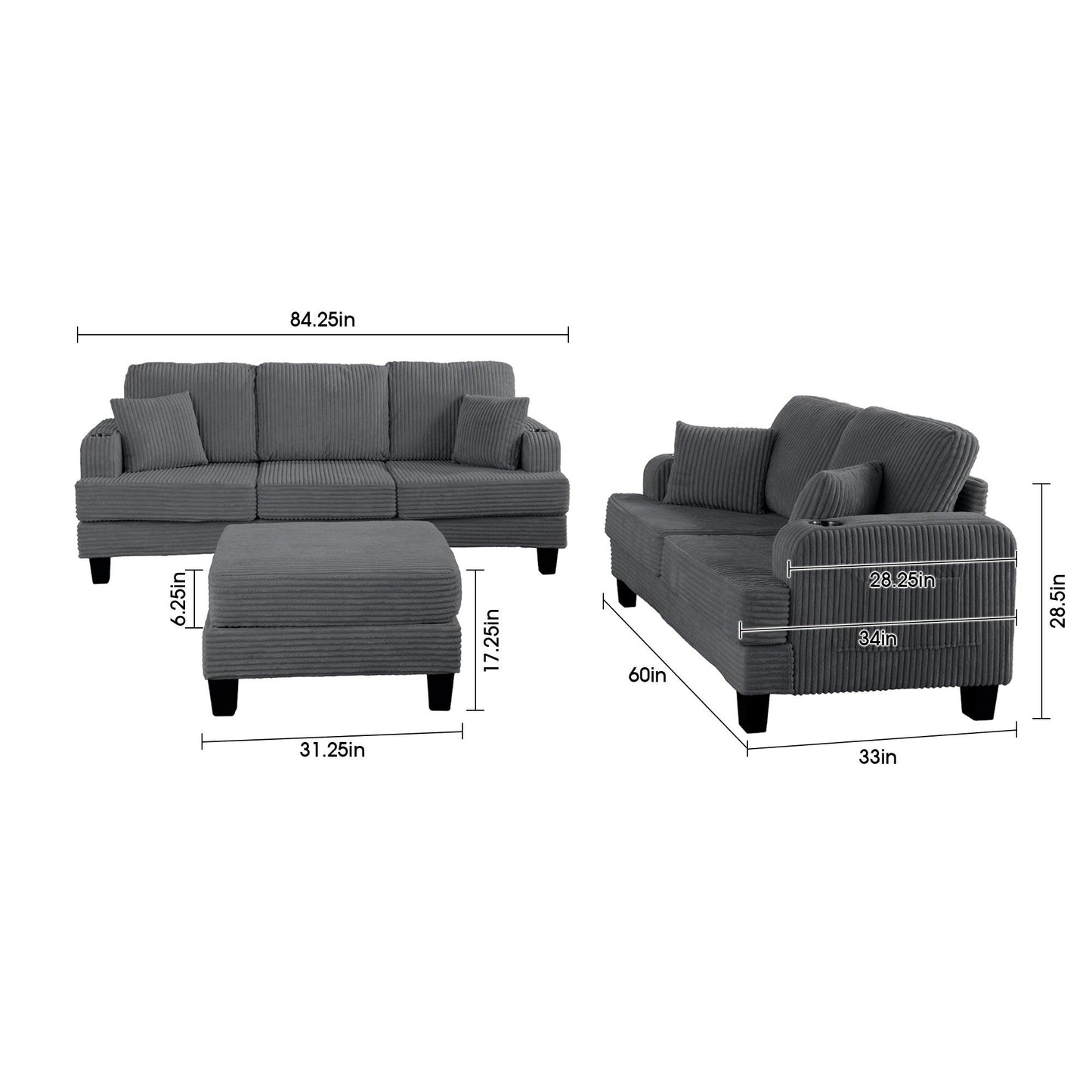 Dark Gray 3 Piece Set Comfy Sofa Couch 3-Seater & Loveseat Sofa with Storage Ottoman for Living Room with USB, Side Pockets, Pillows included