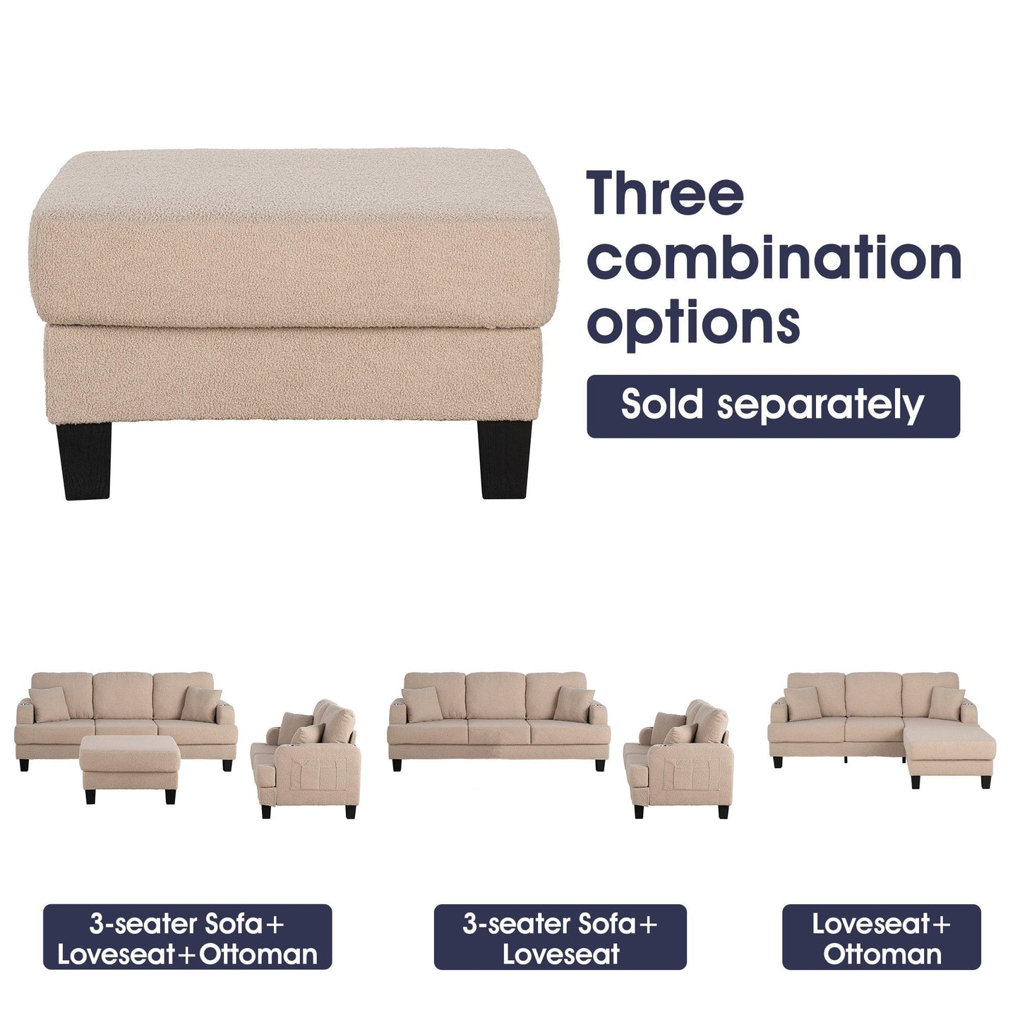 Beige 3-Piece Sofa Set with Storage Ottoman & USB Charging
