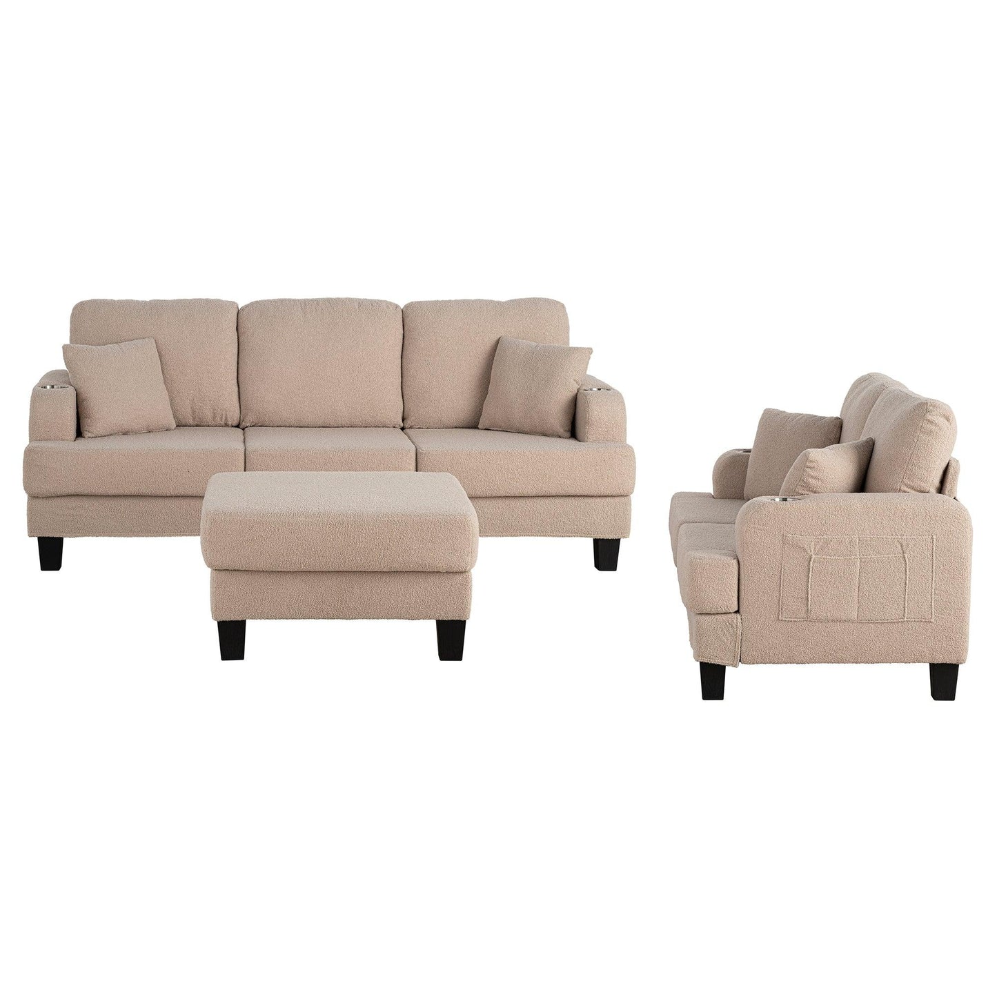 Beige 3-Piece Sofa Set with Storage Ottoman & USB Charging