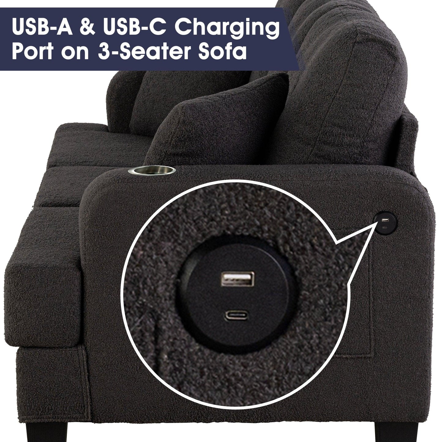 Dark Gray 3-Piece Sofa Set with Storage Ottoman & USB Charging