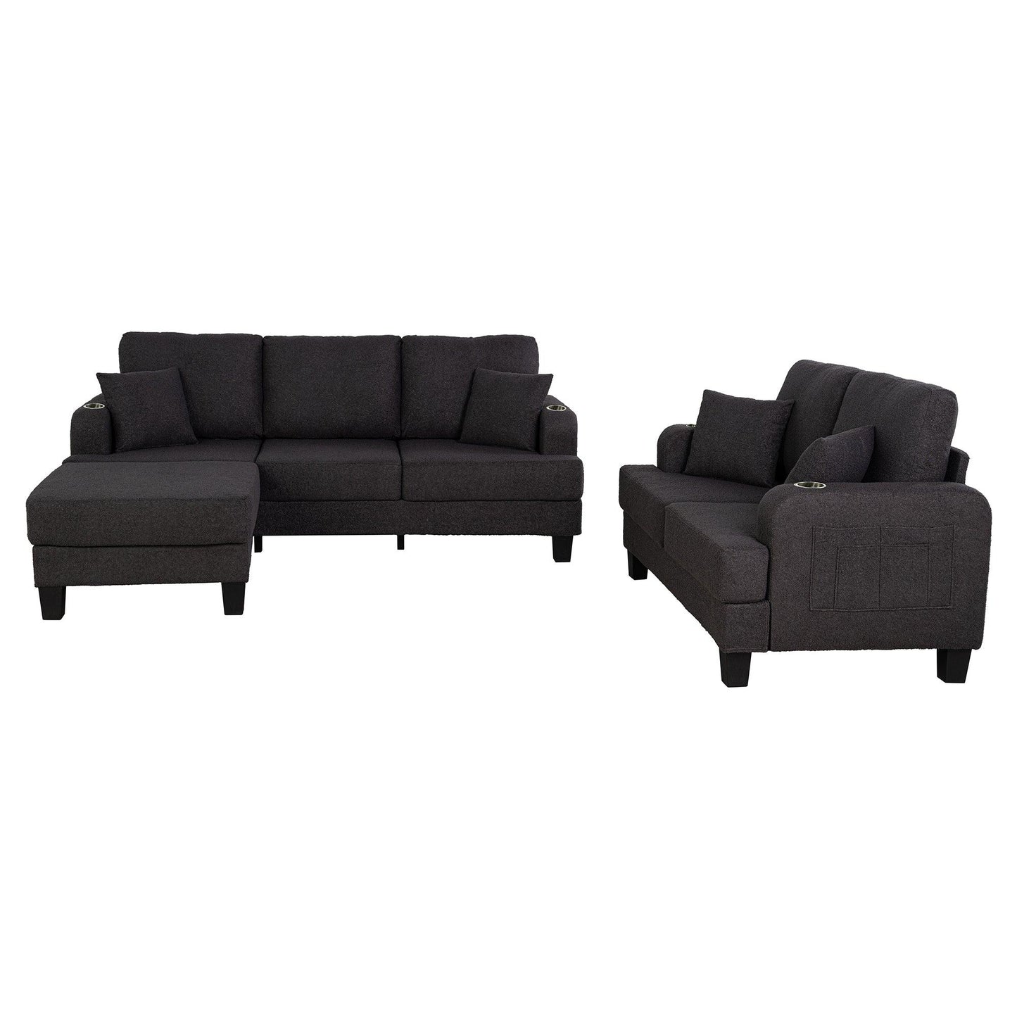 Dark Gray 3-Piece Sofa Set with Storage Ottoman & USB Charging