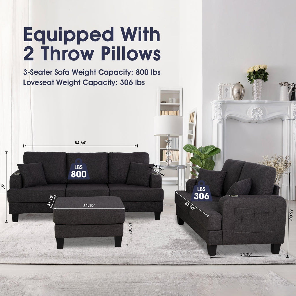 Dark Gray 3-Piece Sofa Set with Storage Ottoman & USB Charging