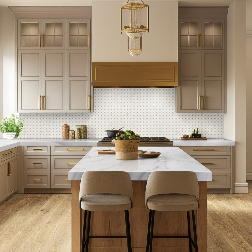 Bianco Dolomite Crema Dotty 12.88" x 12.88" Polished Marble Mesh-Mounted Mosaic Tile Pattern-MSI Collection