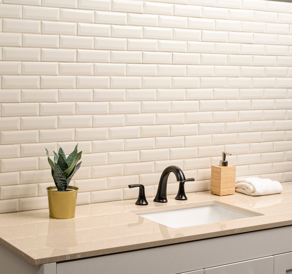Antique White Beveled 12" x 12" Ceramic Mesh-Mounted Mosaic Wall Tile 2" x 6"- MSI Collection