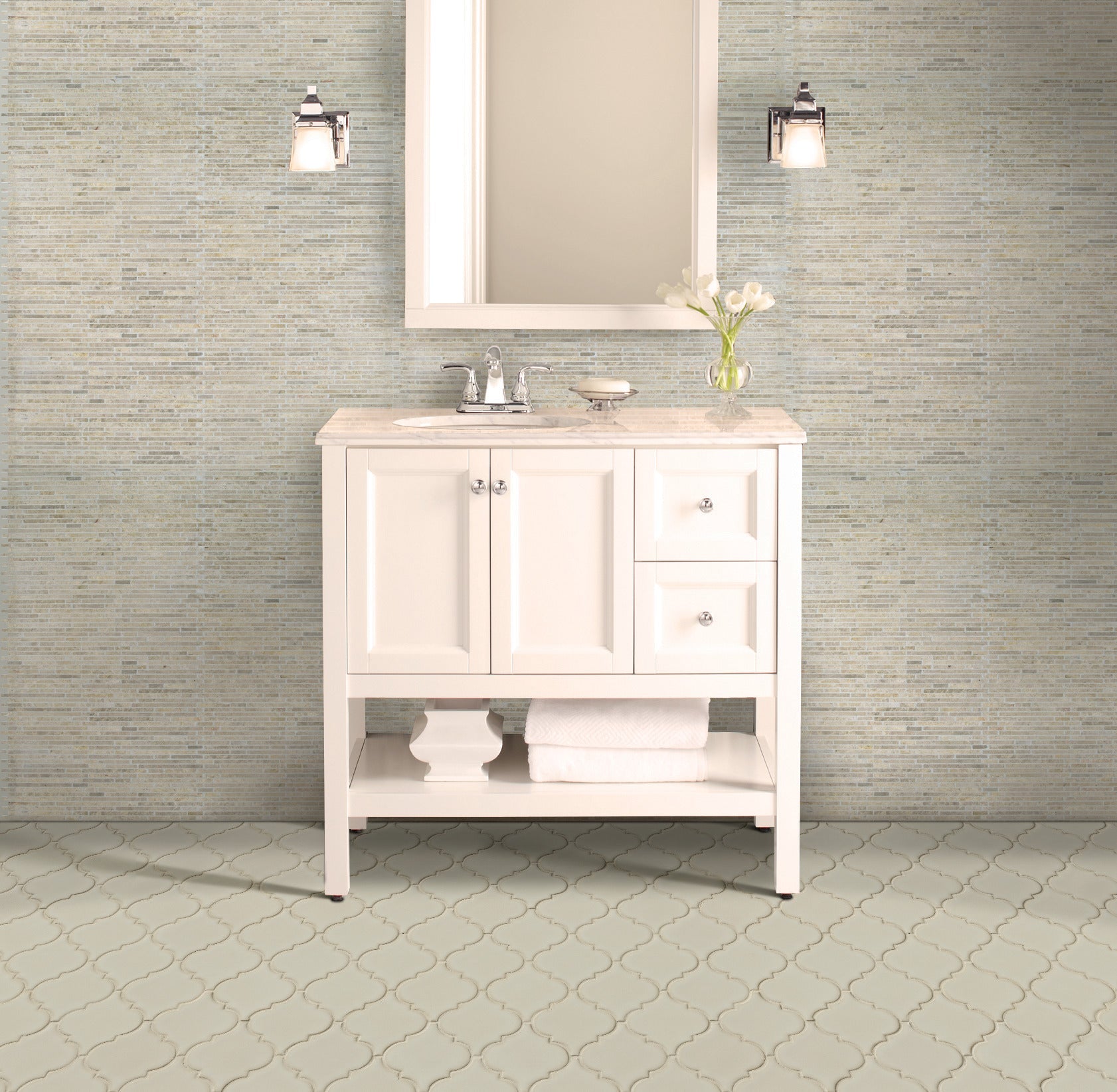 Antique White Arabesque 10.83" x 15.5" Glazed Ceramic Mesh-Mounted Mosaic Wall Tile Pattern-MSI Collection