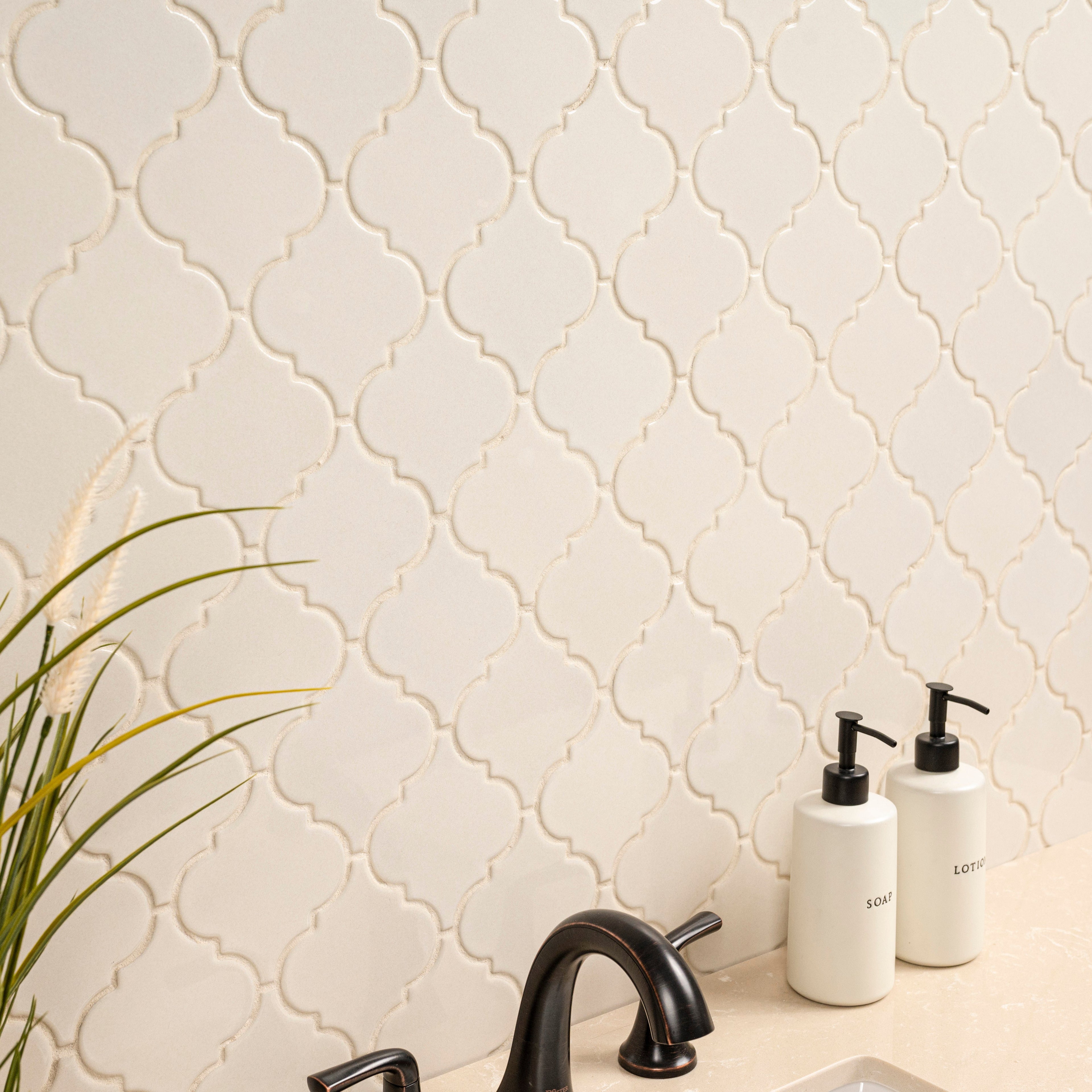Antique White Arabesque 10.83" x 15.5" Glazed Ceramic Mesh-Mounted Mosaic Wall Tile Pattern-MSI Collection