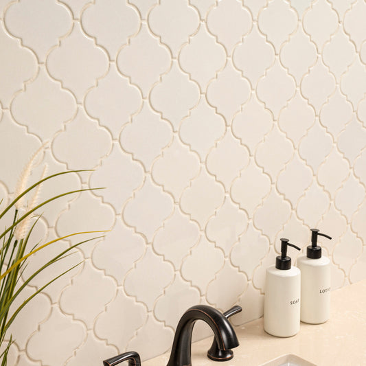 Antique White Arabesque 10.83" x 15.5" Glazed Ceramic Mesh-Mounted Mosaic Wall Tile Pattern-MSI Collection