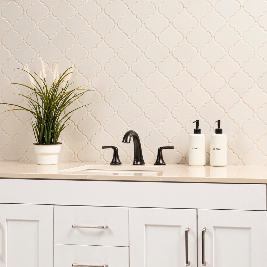 Antique White Arabesque 10.83" x 15.5" Glazed Ceramic Mesh-Mounted Mosaic Wall Tile Pattern-MSI Collection