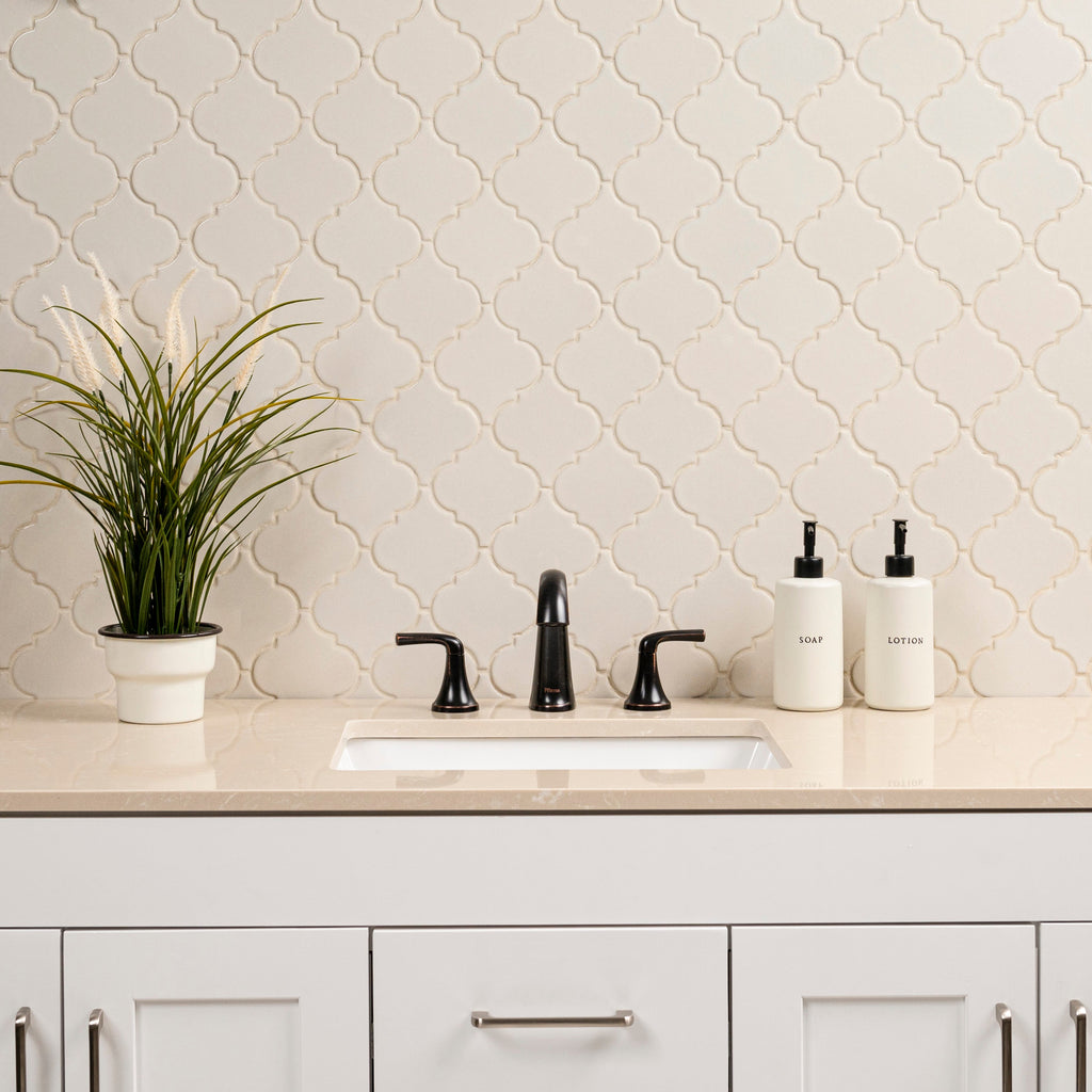 Antique White Arabesque 10.83" x 15.5" Glazed Ceramic Mesh-Mounted Mosaic Wall Tile Pattern-MSI Collection