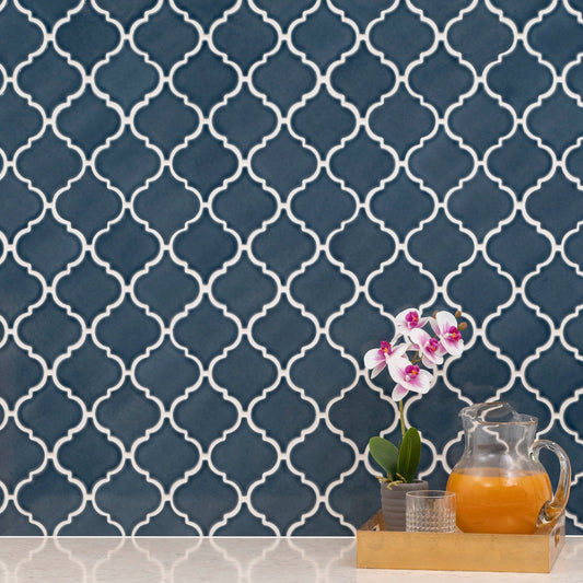 Bay Blue Arabesque 10.83"x15.50" Ceramic Mesh-Mounted Mosaic Tile - MSI Collection
