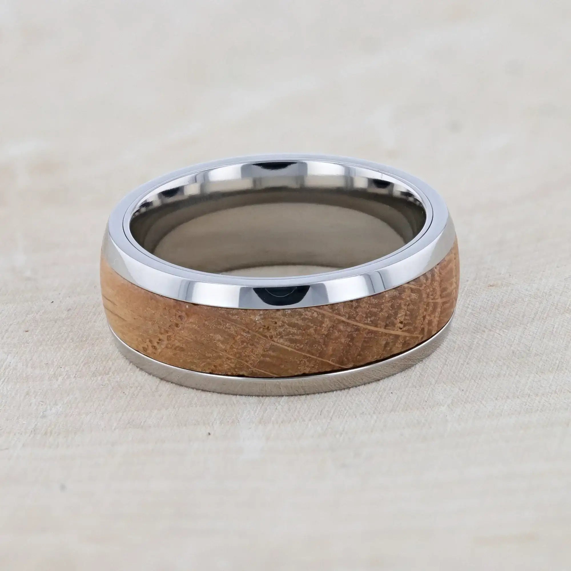 STAVE Whiskey Barrel Inlaid Titanium Men's Wedding Band With Domed Polished Edges Made From Genuine Whiskey Barrels - 8mm