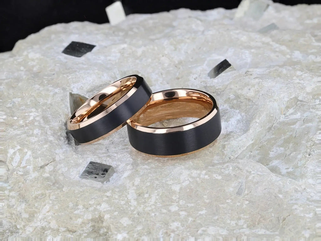 STEPHEN Rose Gold Plated Black Titanium Flat Brushed Center Men's Wedding Ring With Beveled Polished Edges - 6mm & 8mm