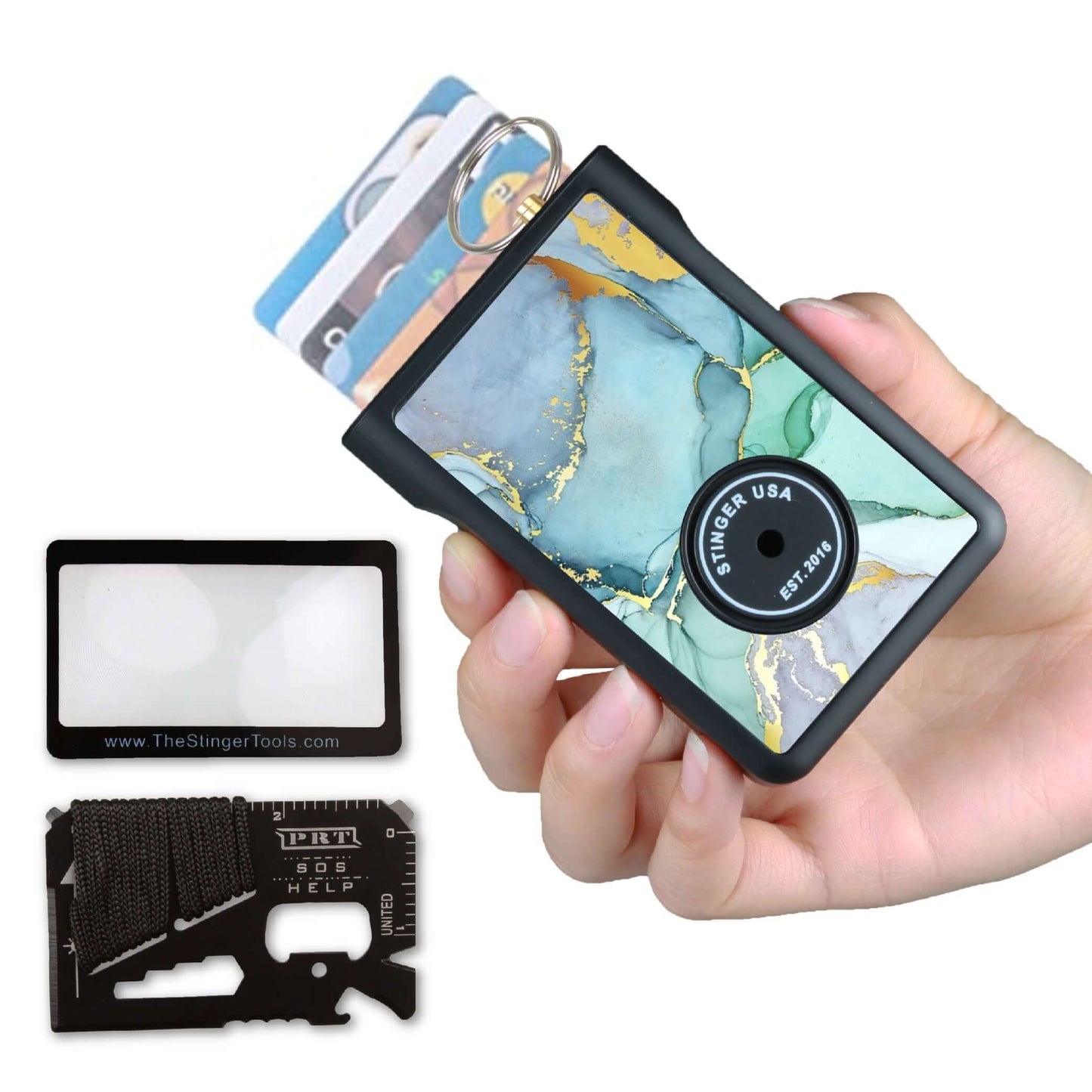 Stinger Minimalist Wallet, Card Holder, Safety Wallet with Personal Alarm, Multi-functional Tool, and Magnifier (Black Carbon Fiber)
