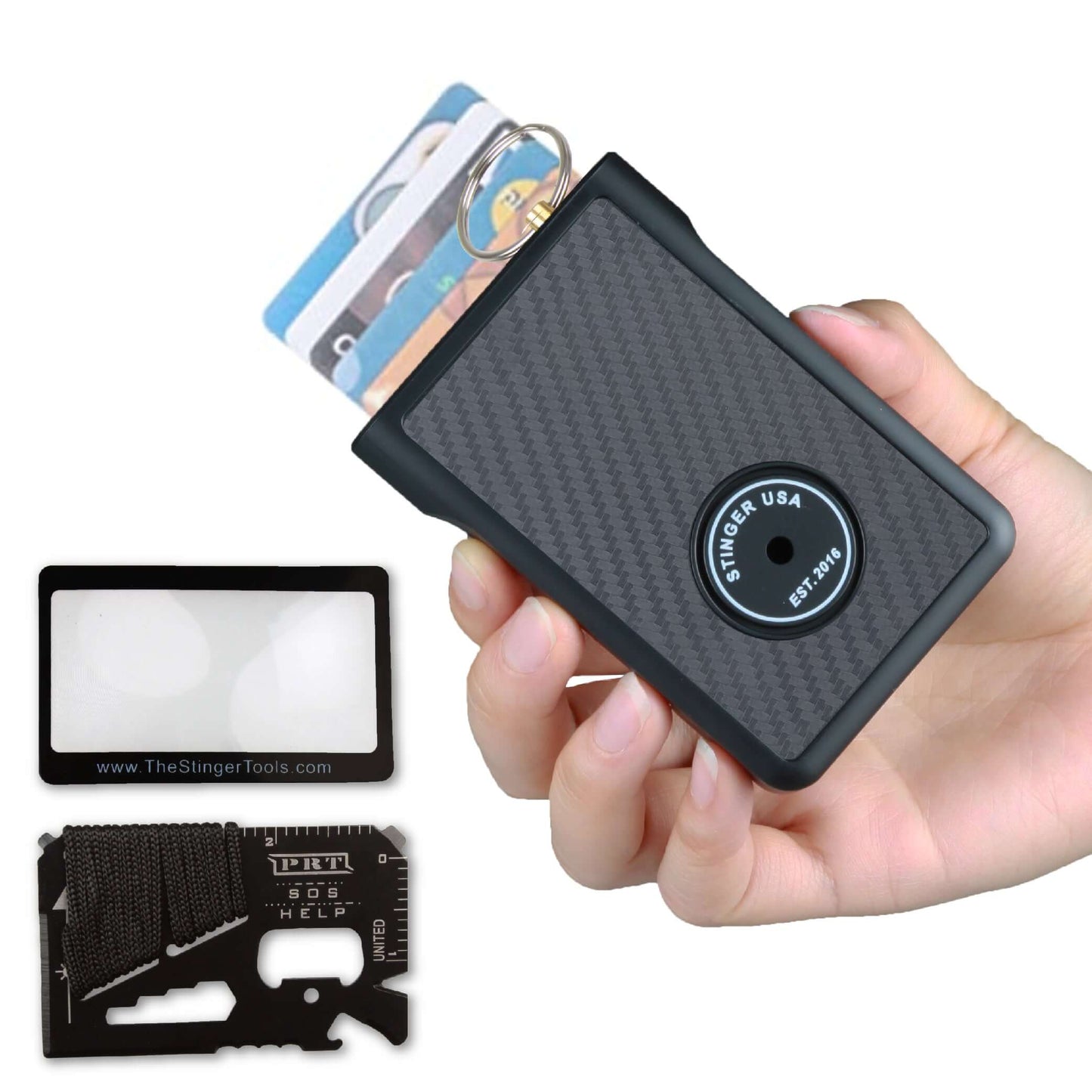 Stinger Minimalist Wallet, Card Holder, Safety Wallet with Personal Alarm, Multi-functional Tool, and Magnifier (Black Carbon Fiber)
