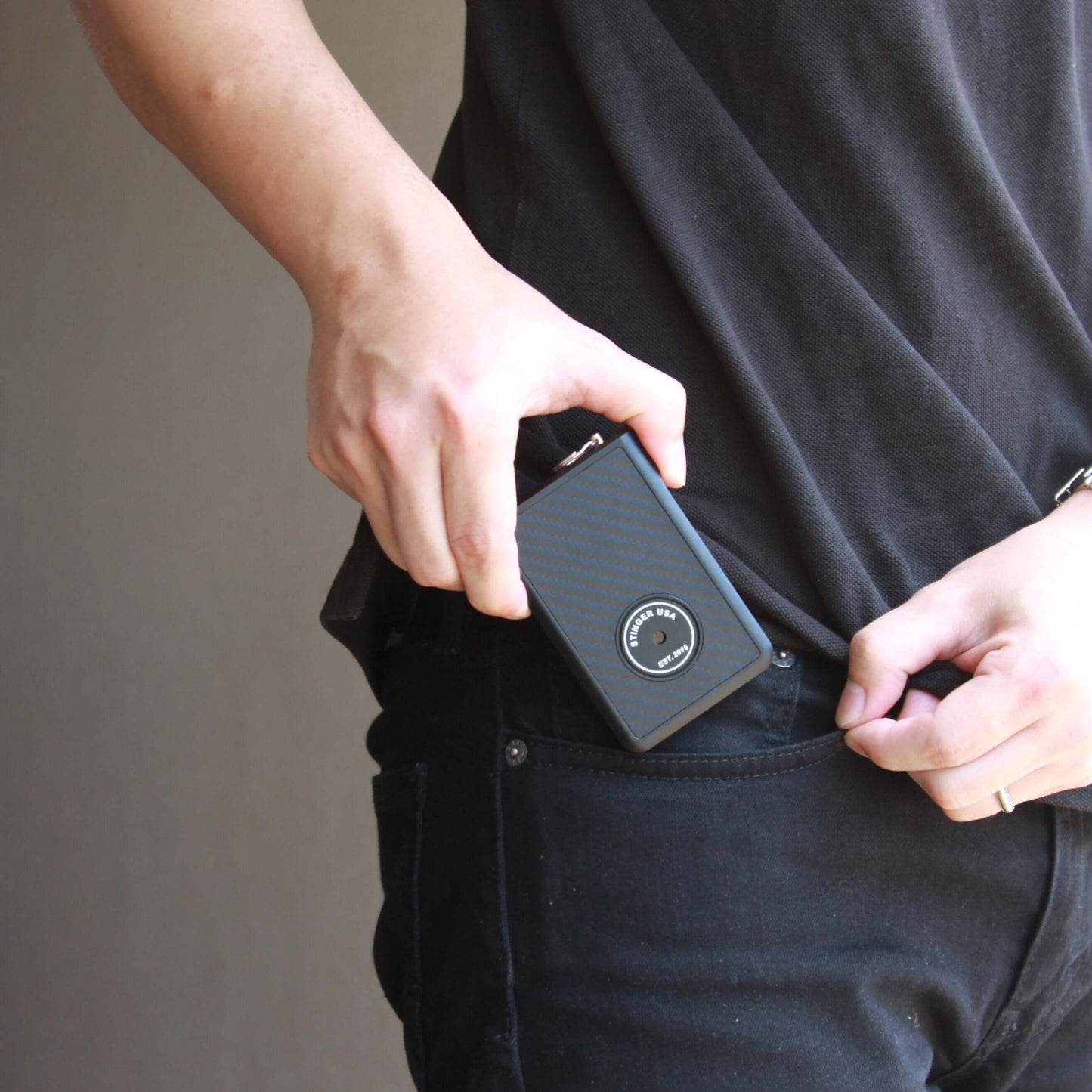 Stinger Minimalist Wallet, Card Holder, Safety Wallet with Personal Alarm, Multi-functional Tool, and Magnifier (Black Carbon Fiber)