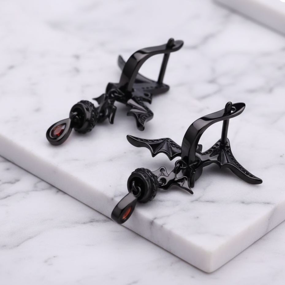 Bat Shaped Garnet Vintage Gothic Punk Earrings